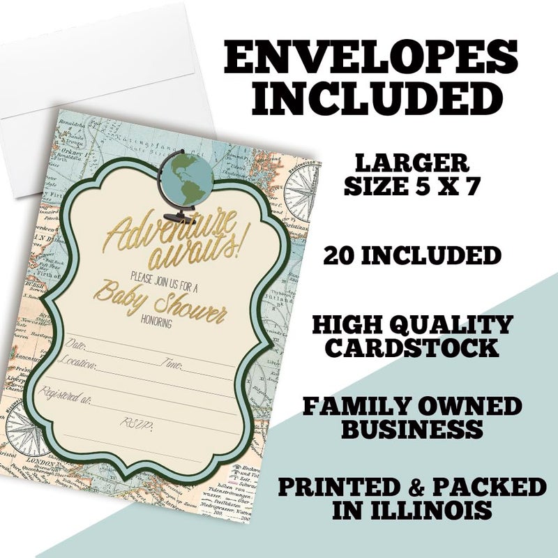 Amanda Creation Adventure Awaits World Traveler Gender Neutral Baby Shower Invitations, 20 5x7 Fill In Cards with Twenty White Envelopes by AmandaCreation - Image 2